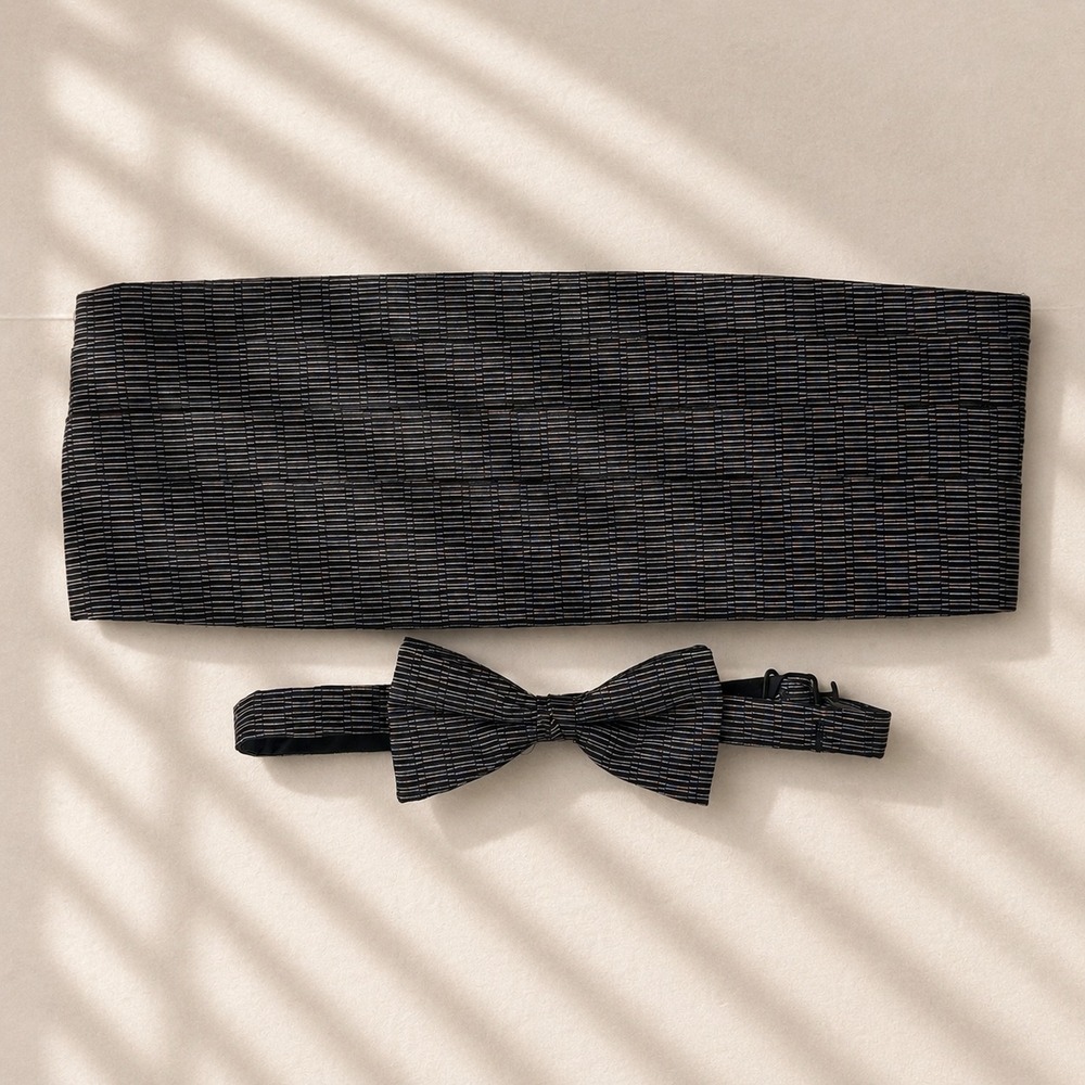 VTG Giorgio Armani Cummerbund & Bow Tie Set Gray Silver Silk Formal Tuxedo Italy